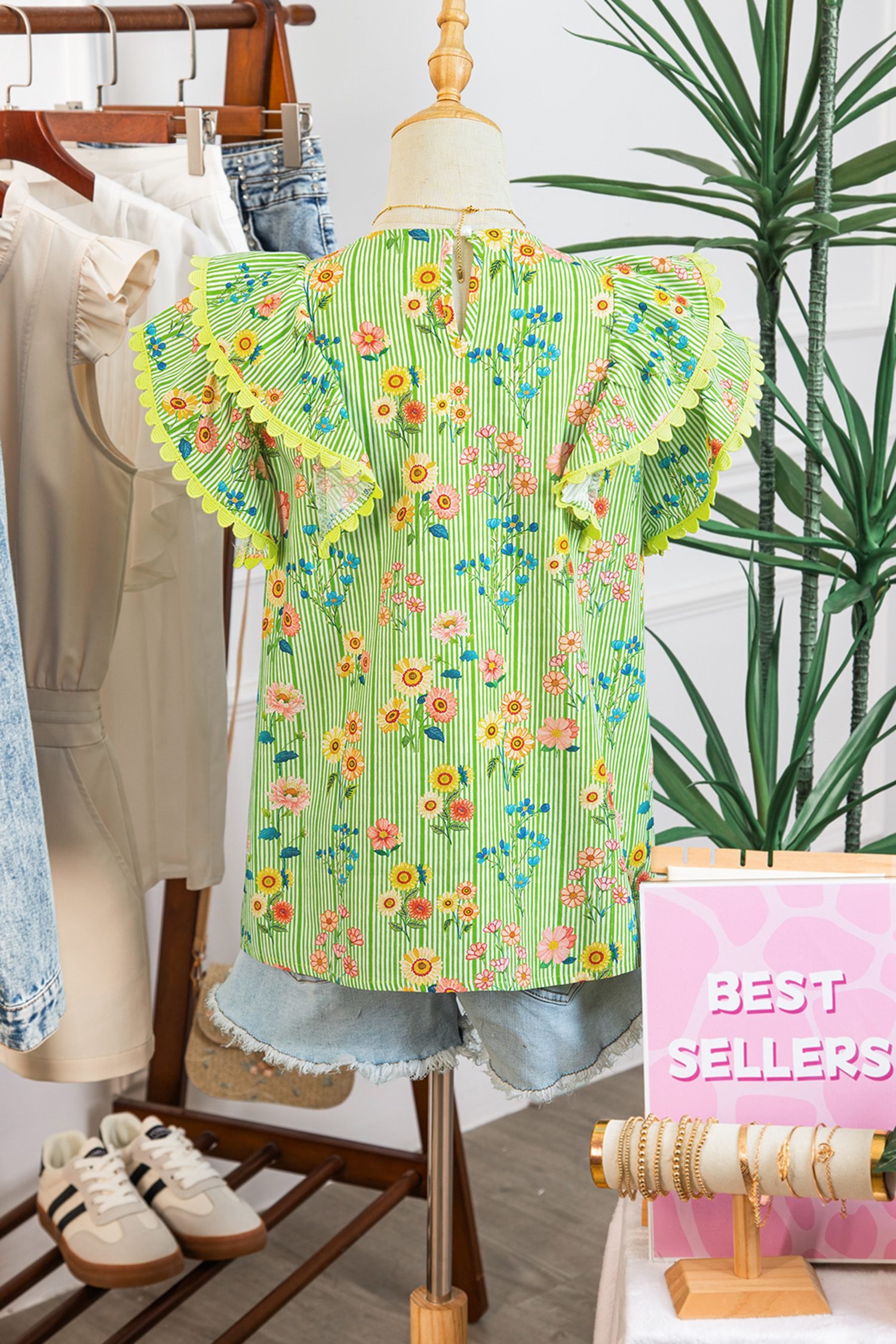 Green Stripe Floral Printed Scalloped Detail Ruffle Short Sleeve Blouse