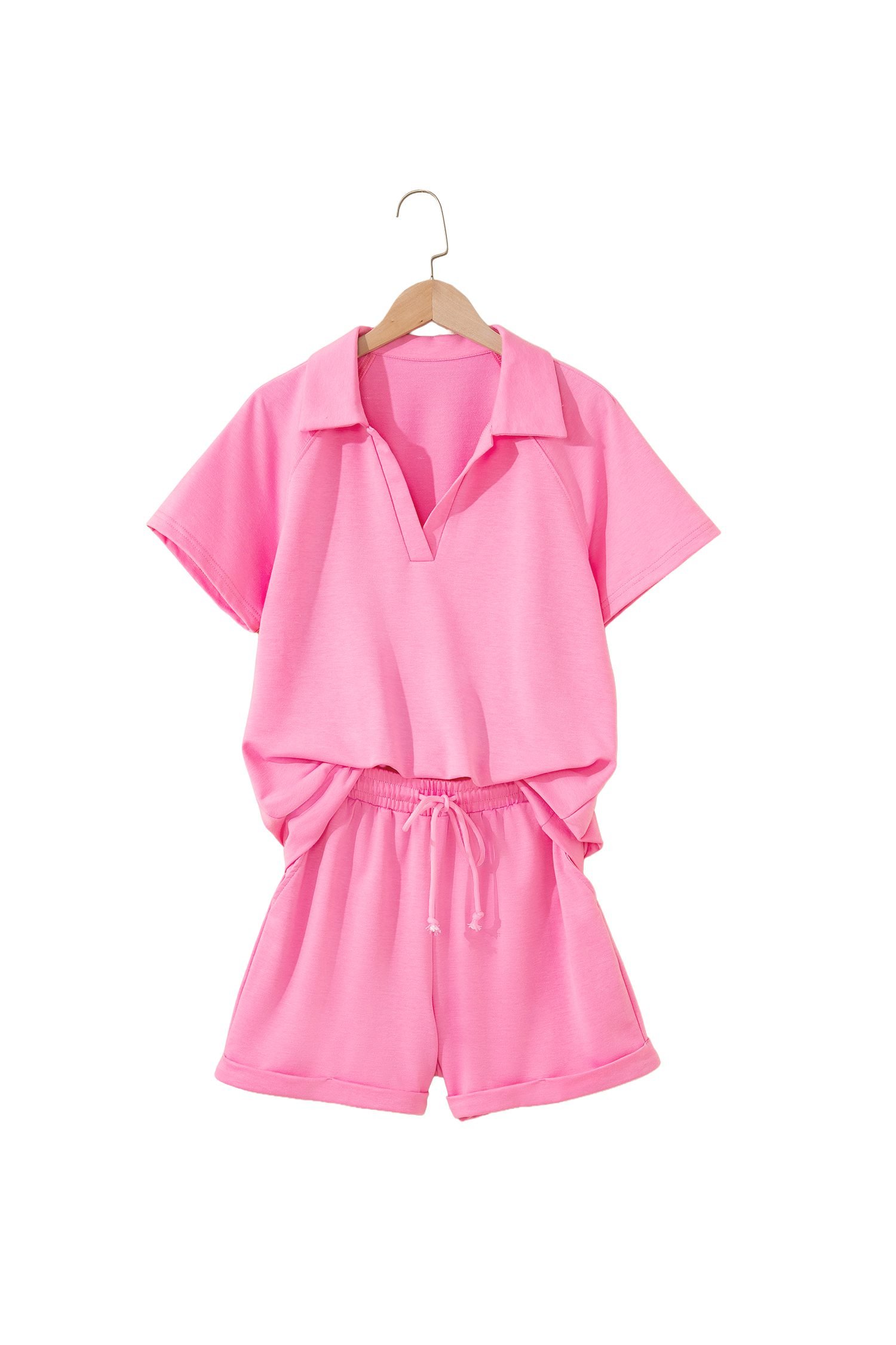Bonbon Collared V Neck Tee Drawstring Elastic Waist Shorts 2pcs Outfit