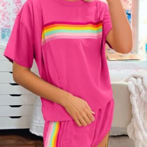 Rose Red Vibrant Striped Detail Athleisure 2pcs Short Set