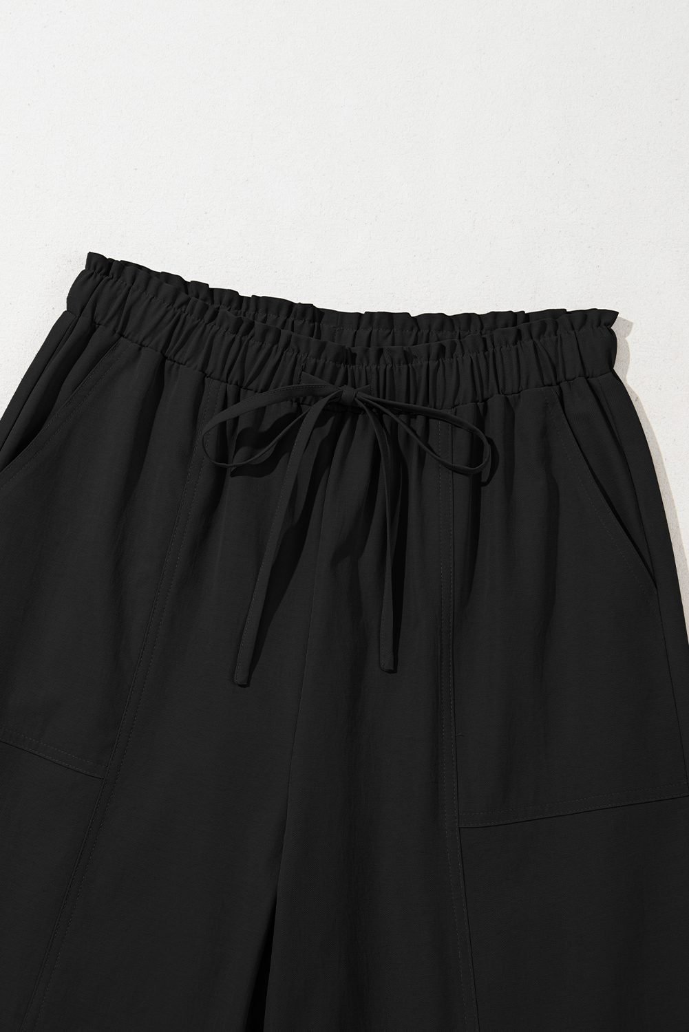 Black Solid Color Drawstring Elastic Waist Casual Loose Pants