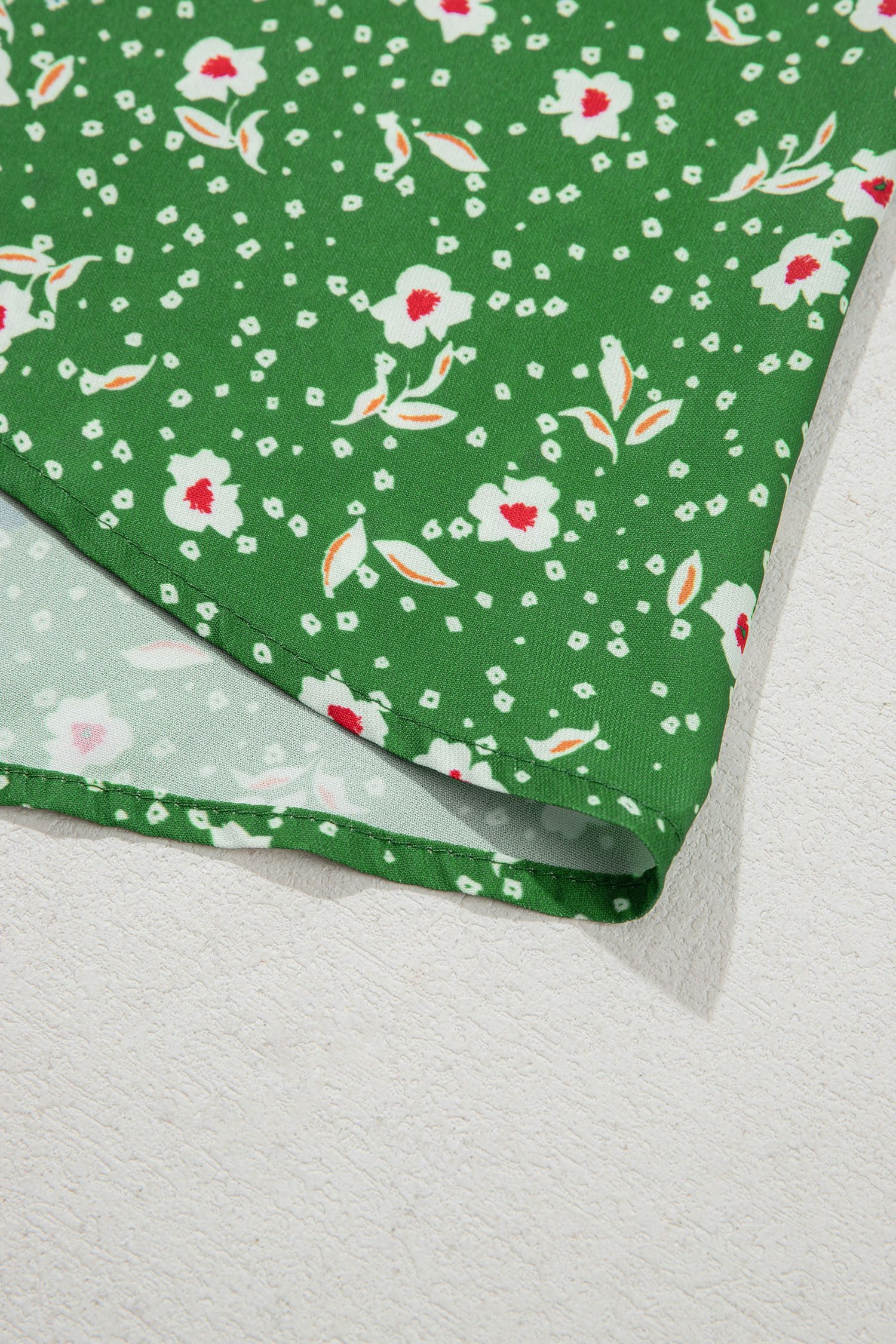 Green Abstract Print Embroidered Trim V Neck Drawstring High Waist Loose Vacation Dress