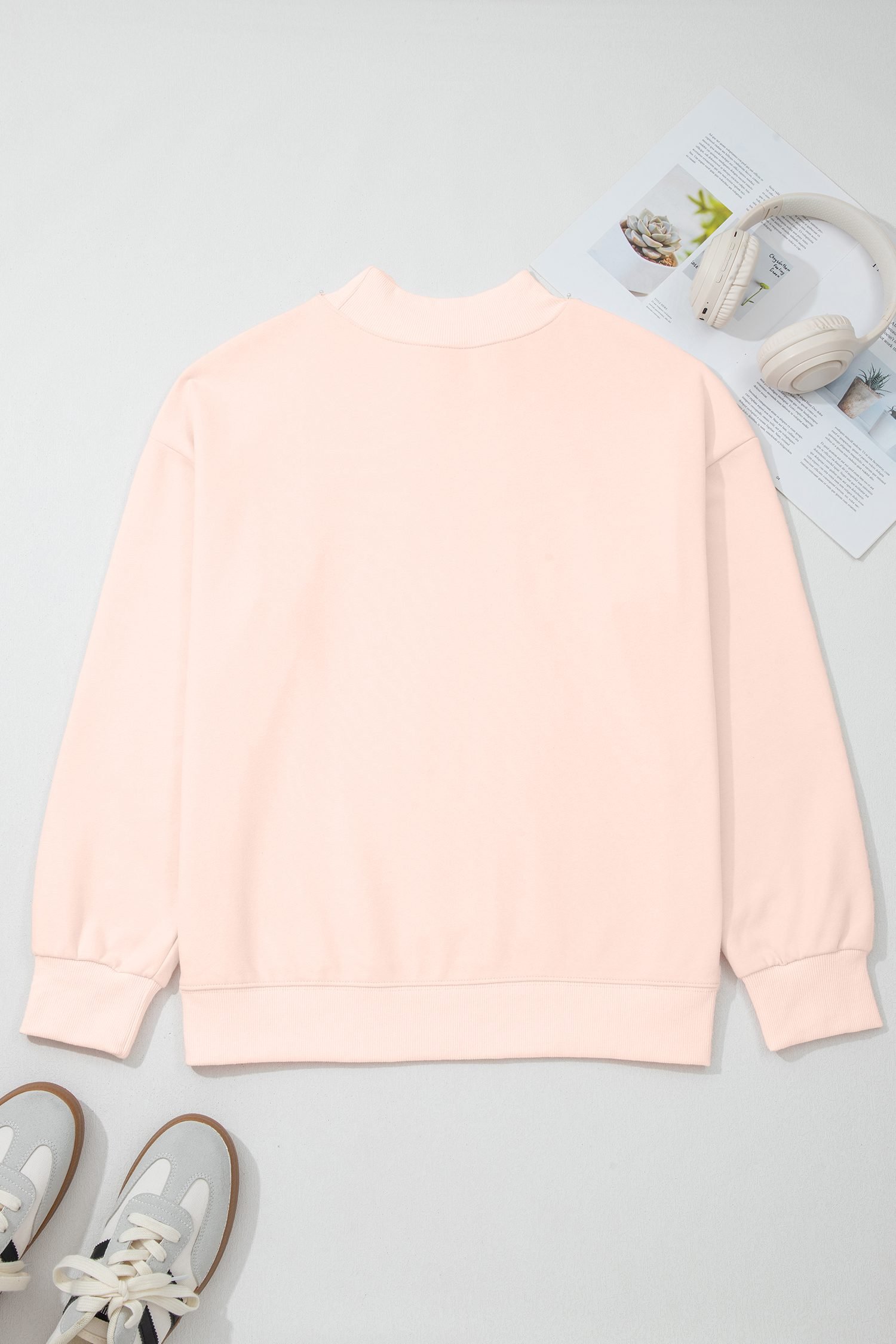 Light Pink BLESSED Embroidered Trim Patch Graphic Plus Size Mock Neck Sweatshirt