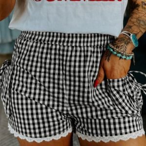 Black Gingham Lace Trim Shorts with Pouch Pockets