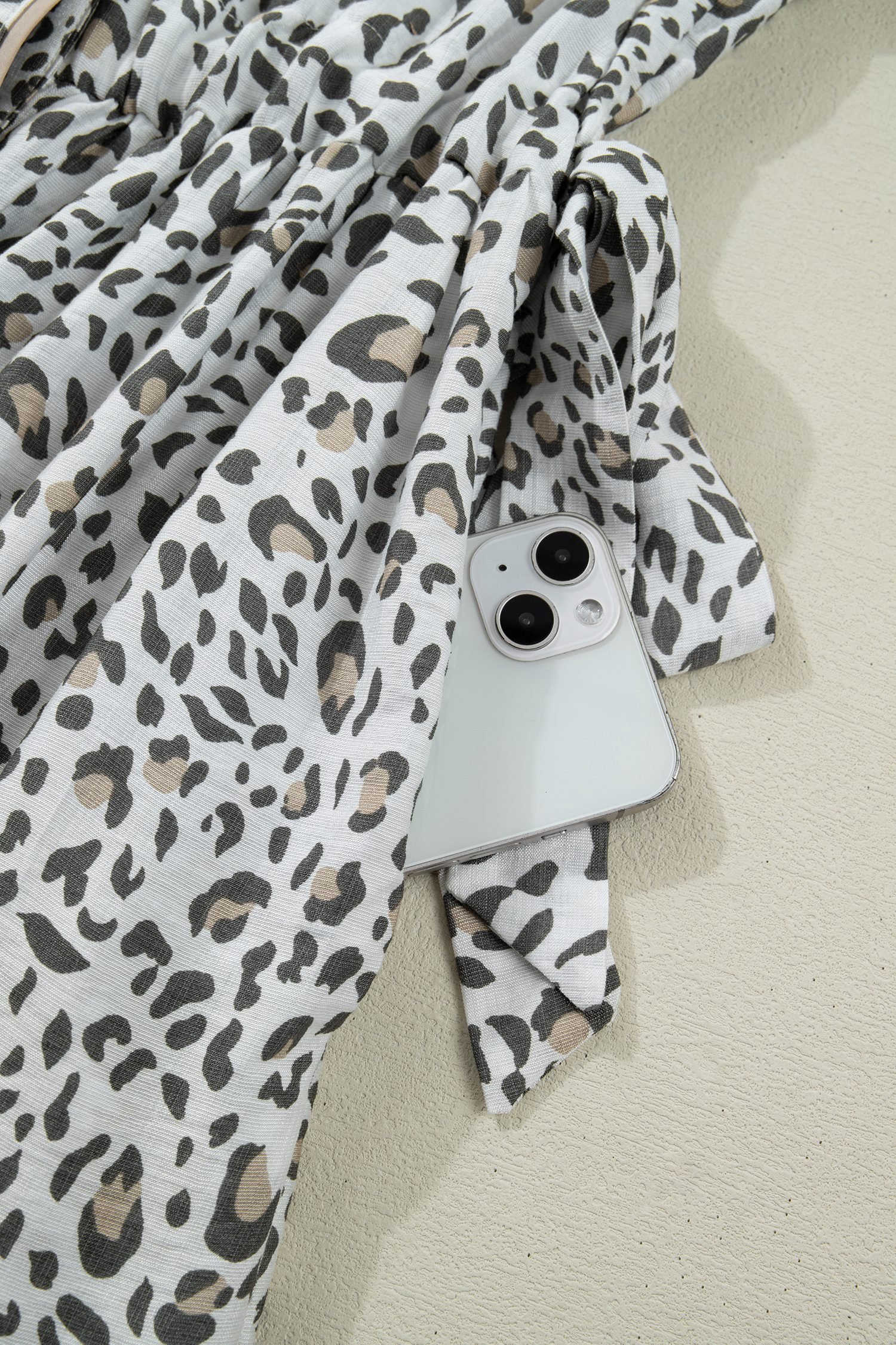 White Leopard Contrast Trim Button Front Short Puff Sleeve Long Dress