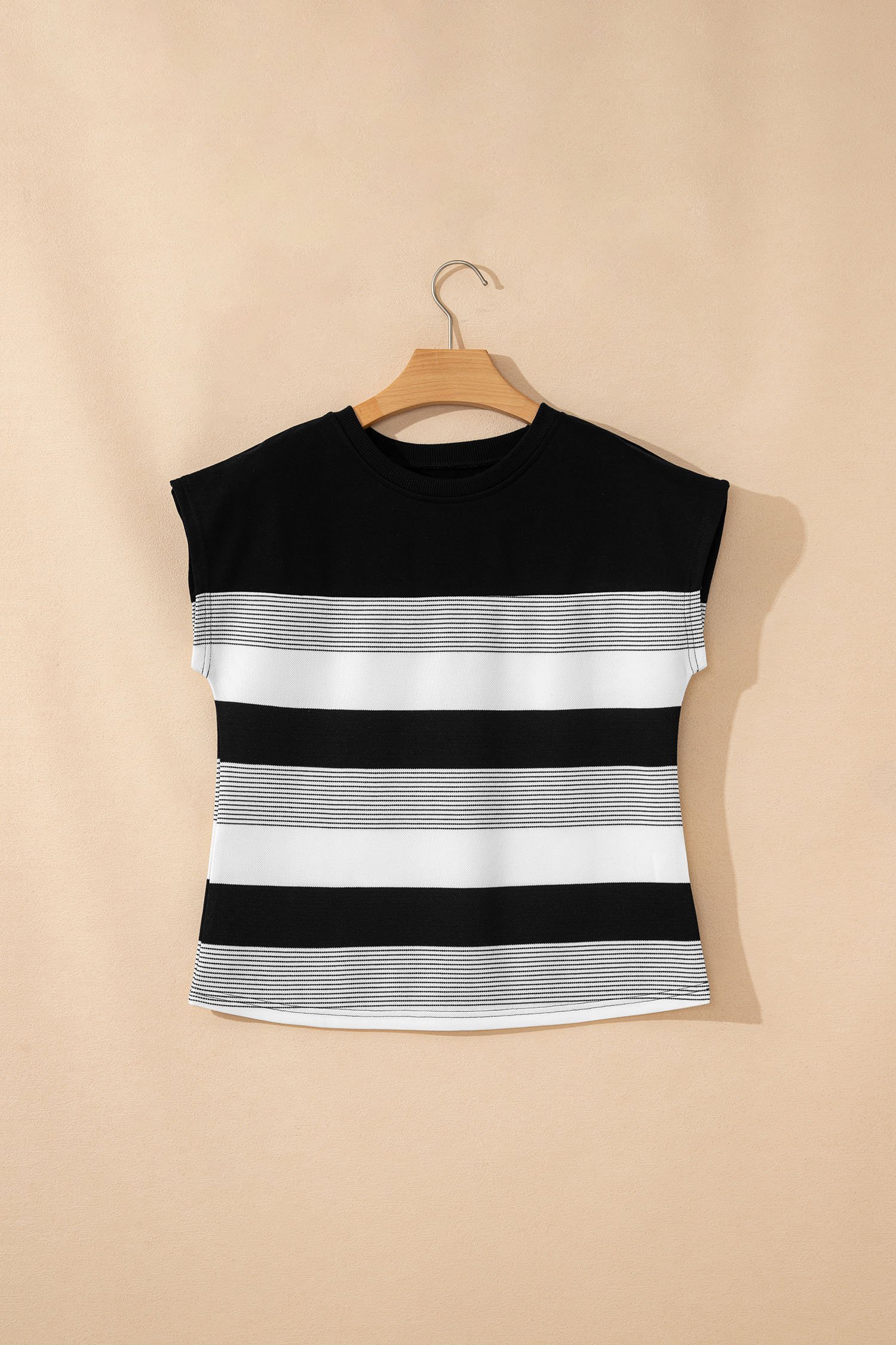 Black Stripe Mixed Print Crew Neck Cap Sleeve T Shirt