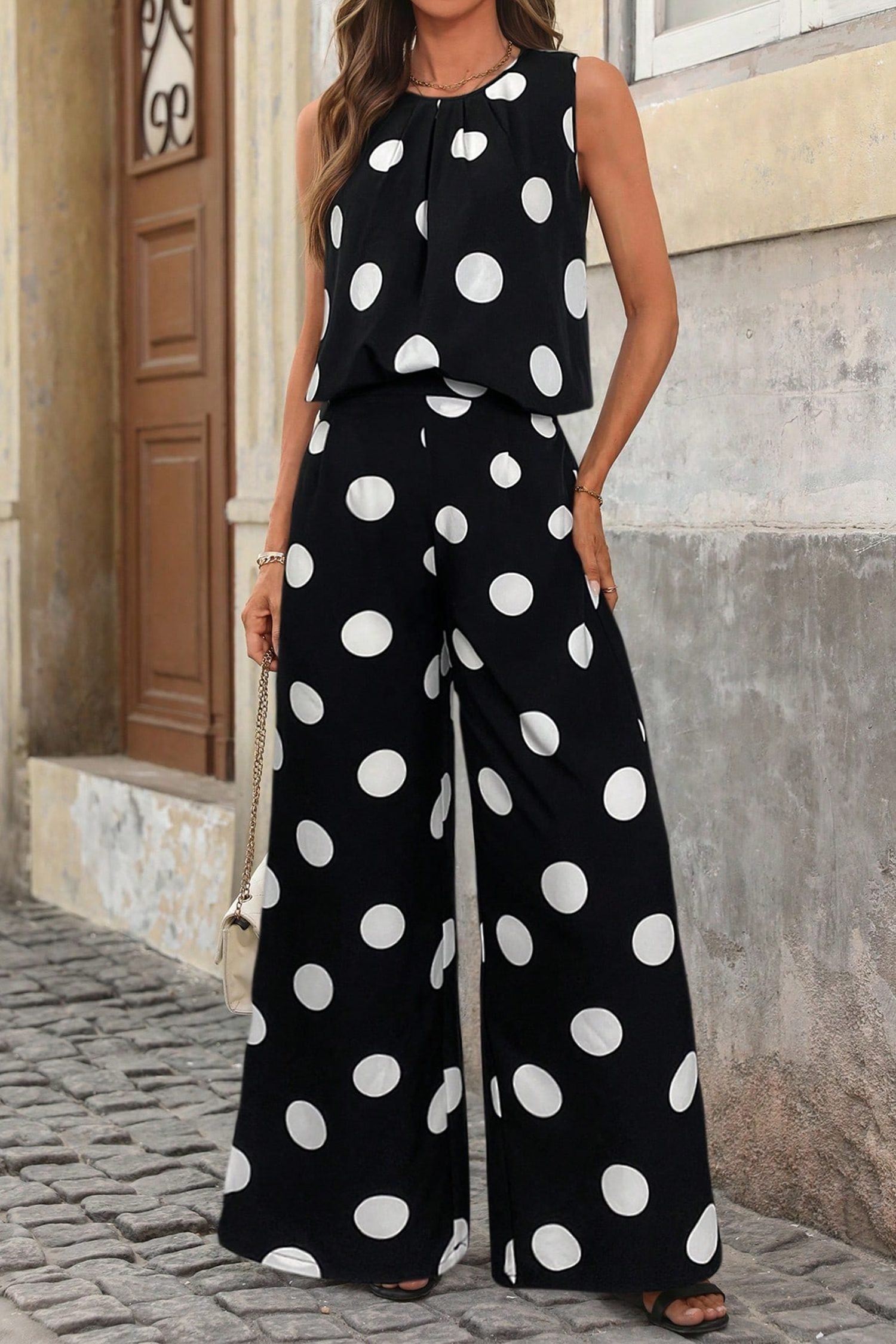 Black Polka Dot Print Pleated Round Neck Tank Casual Wide Leg Two-Piece Outfit