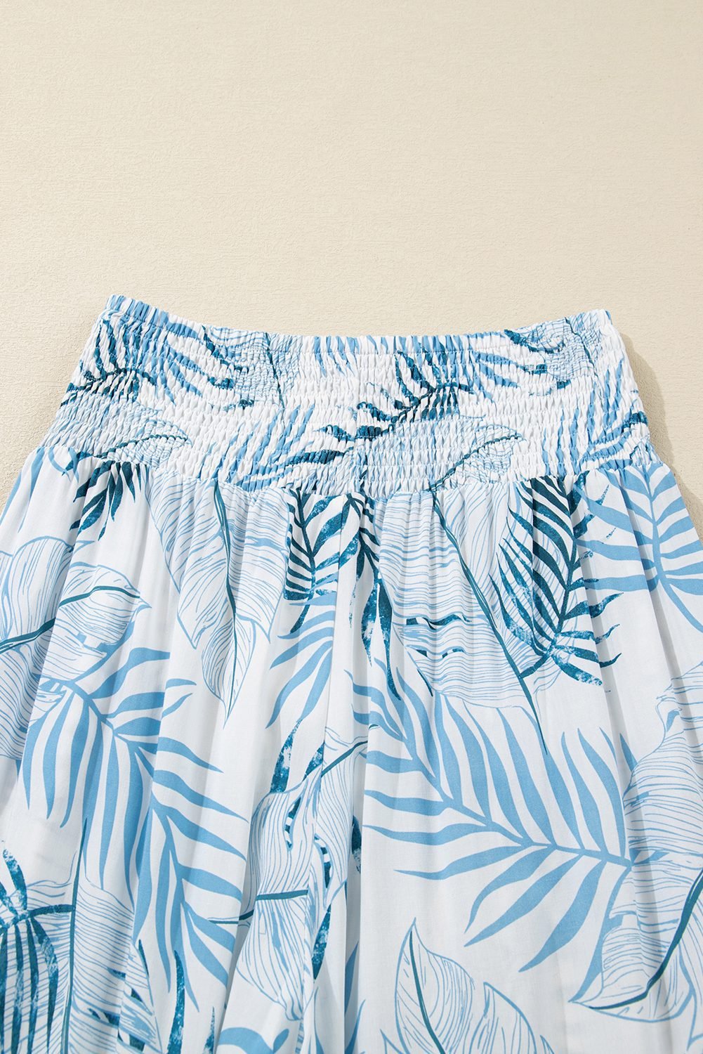 Sky Blue Geometric/ Floral/ Botanic Print Shirred Waistband Wide Leg Pants