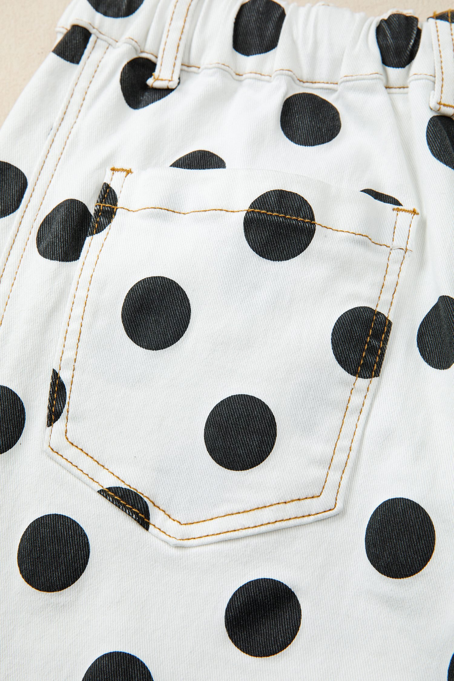 White Polka Dot Print Bow Detail Pocketed Jeans