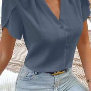 Sail Blue Silky Notched Neckline Petal Sleeve Blouse