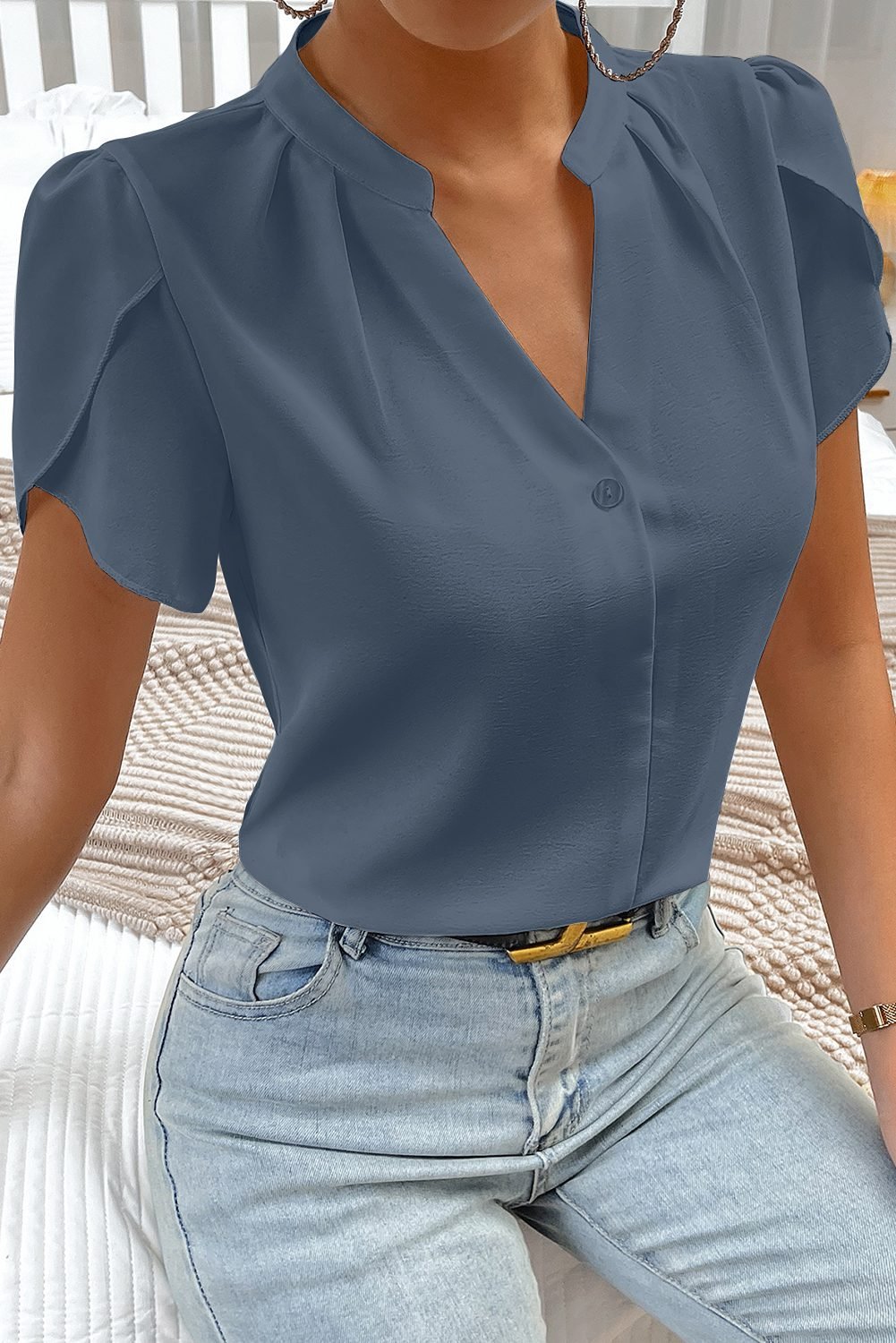 Sail Blue Silky Notched Neckline Petal Sleeve Blouse