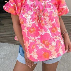 Pink Short Bubble Sleeve Summer Floral Blouse