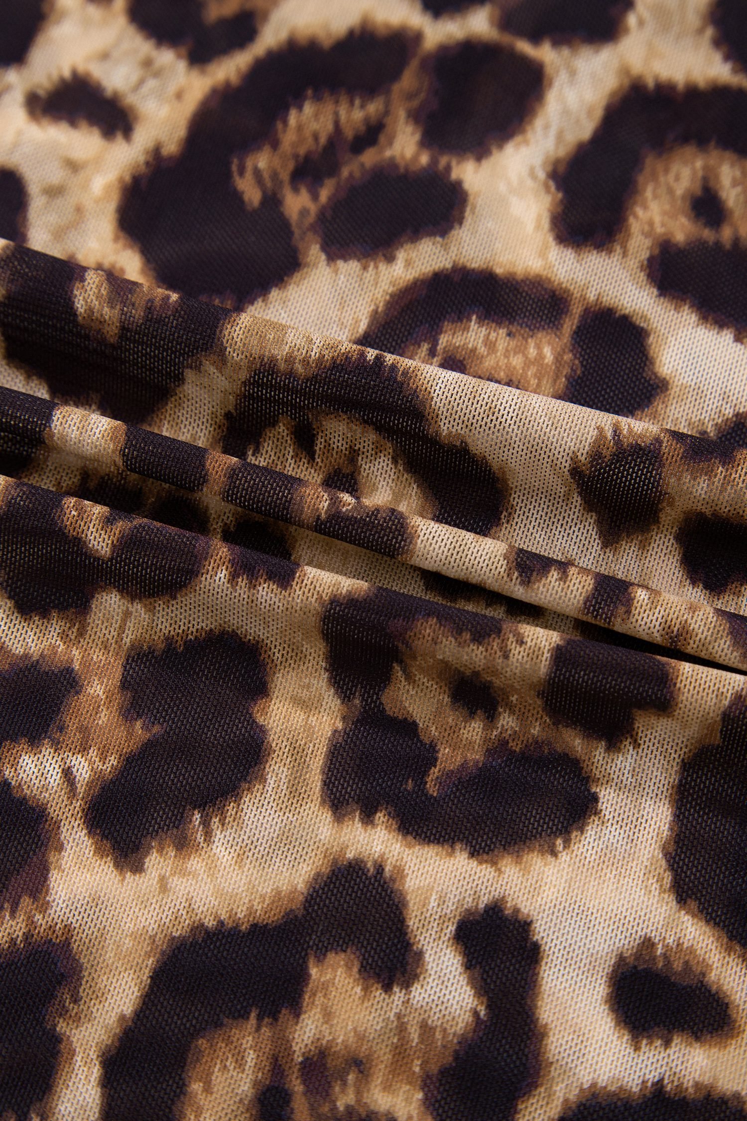 Camel Leopard Print Slim Fit Mesh Long Sleeve Mock Neck Top