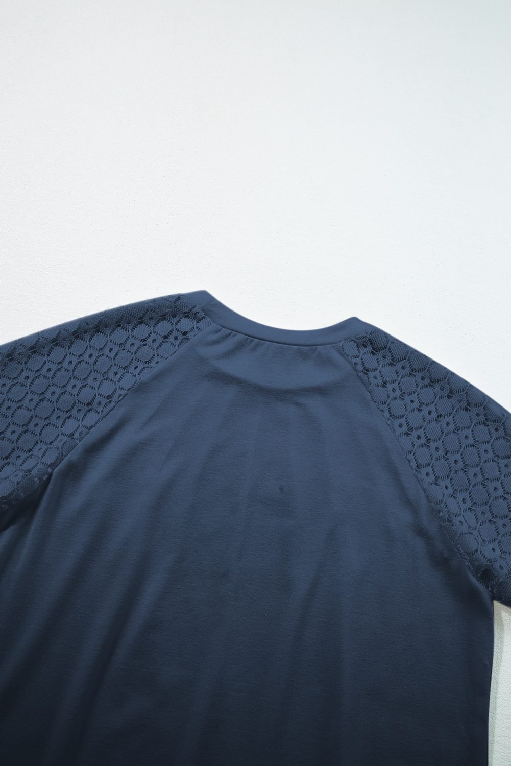 Navy Blue Seamed Detail Contrast Lace Raglan Sleeve Tee