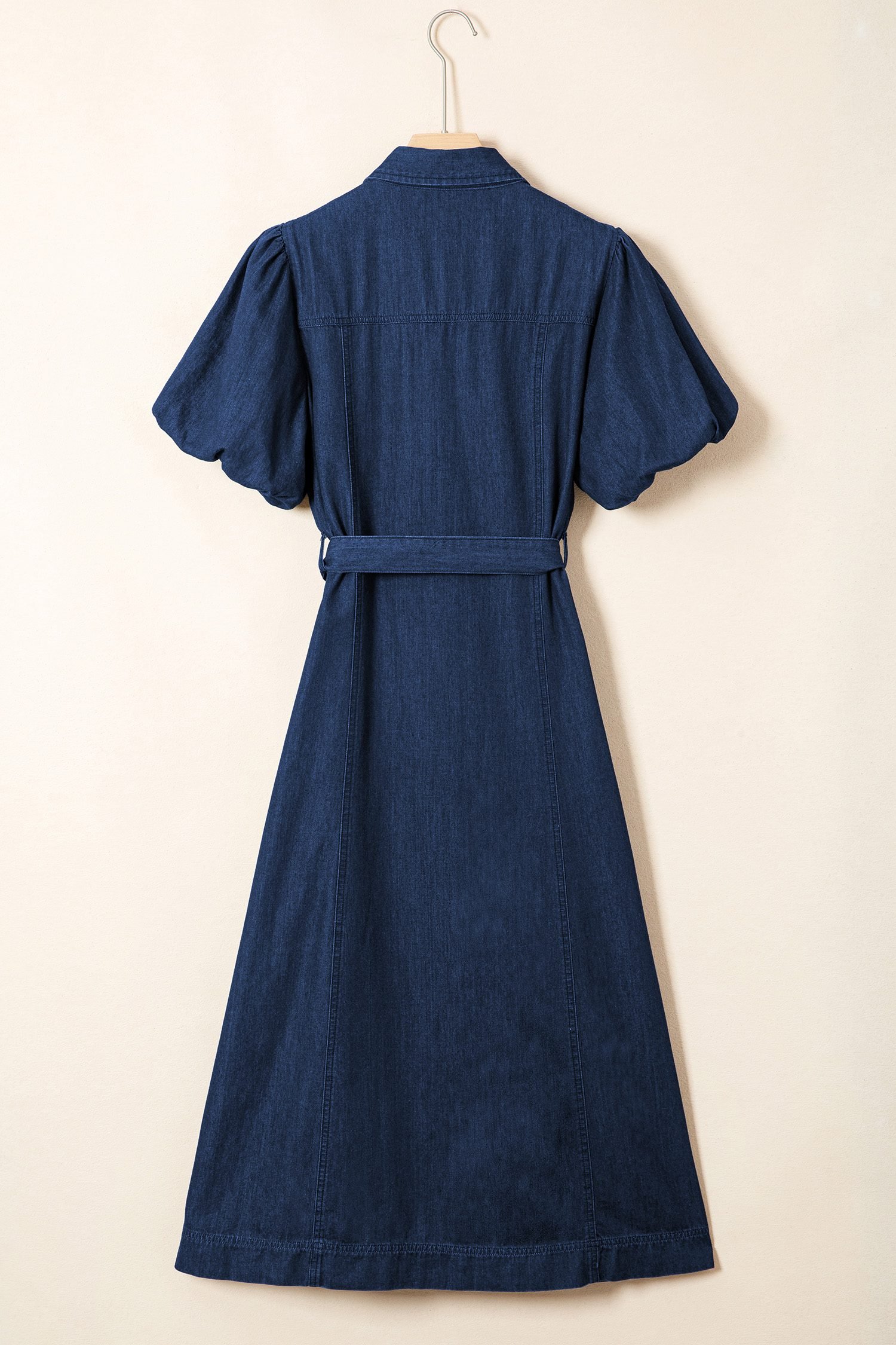 Sail Blue Full Buttons Collared Short Bubble Sleeve Long Denim Dress