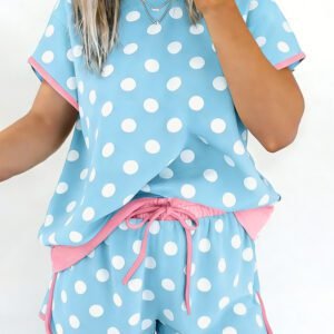 Sky Blue Polka Dot Contrast Edge Casual Short Set