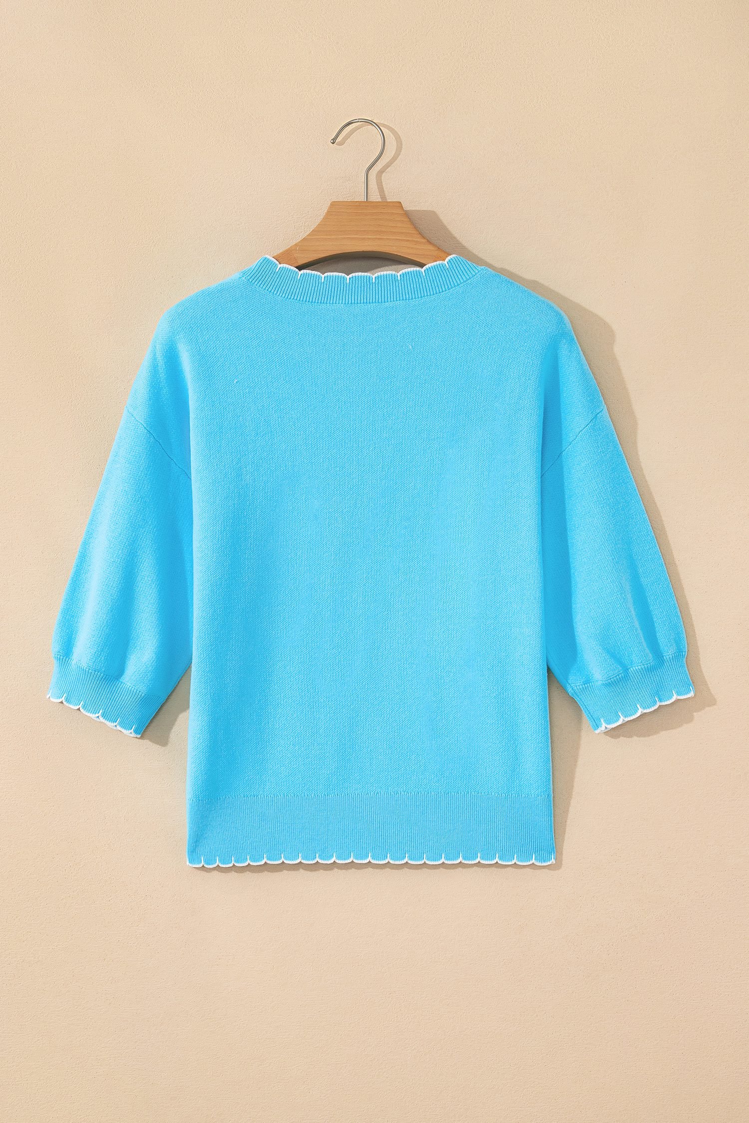 Light Blue Big Ribbon Bow Print Contrast Stitch Trim Drop Shoulder Sweater
