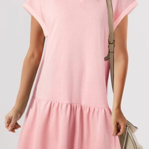 Apricot Pink Solid Color Cap Sleeve Drop Waist T Shirt Dress