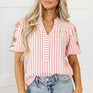 Pink Stripe Print Floral Embroidered Puff Sleeve V Neck Blouse