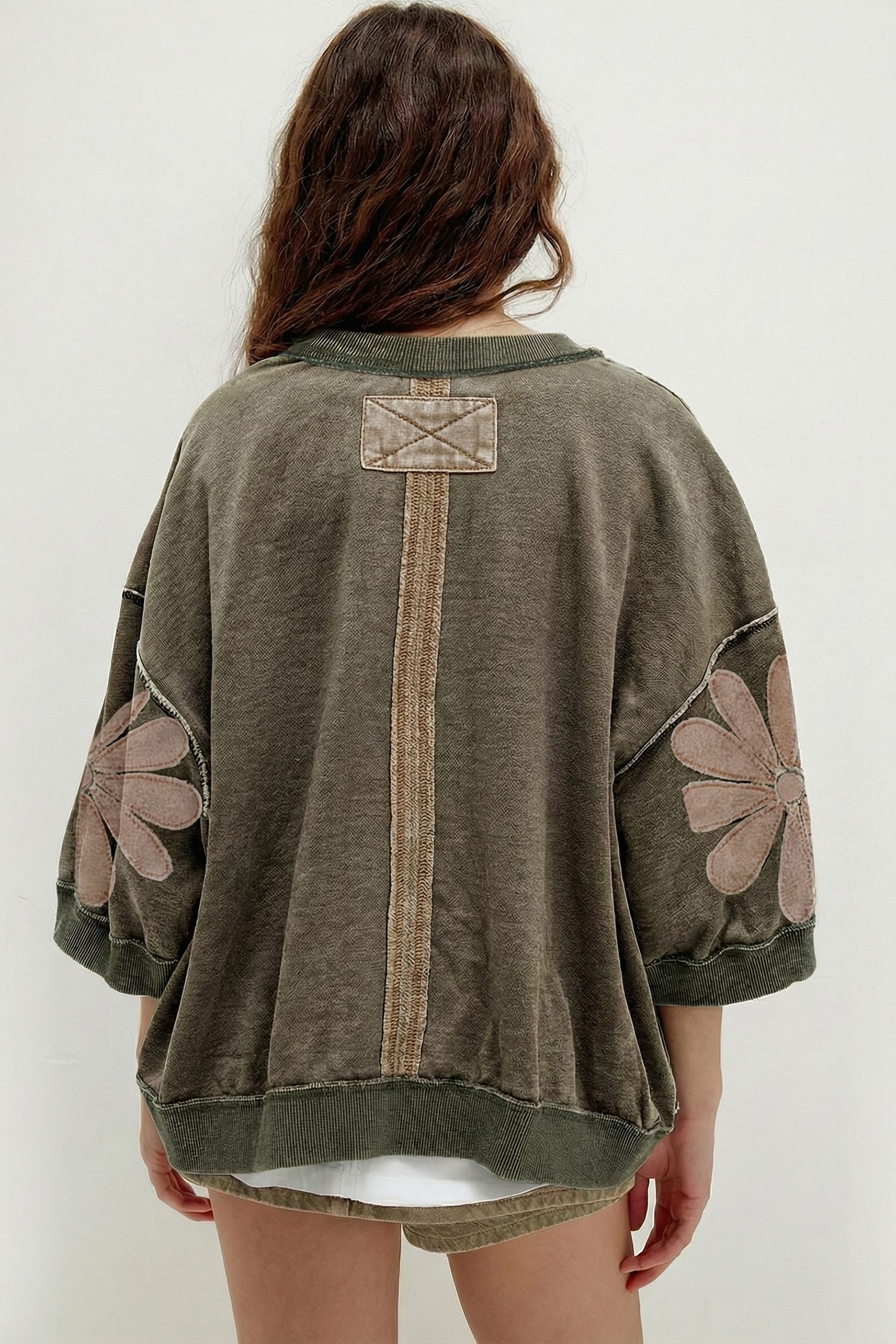 Breen Mineral Wash Raw Seam Patchwork Flower Patched 3/4 Sleeve Oversize Top