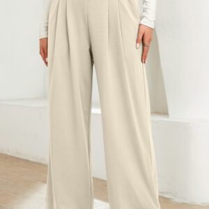 Beige Solid Color Textured Elastic Waist Wide Leg Pants