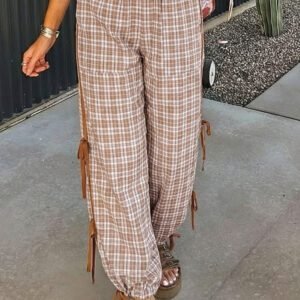 Chestnut Plaid Print Elastic Waist Bow Tie Contrast Detail Jogger Pants