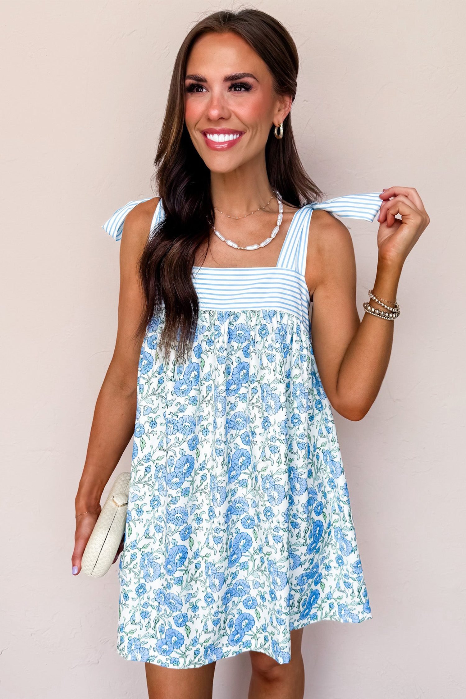 Sky Blue Floral Print Striped Patchwork Bow Knot Straps Mini Dress