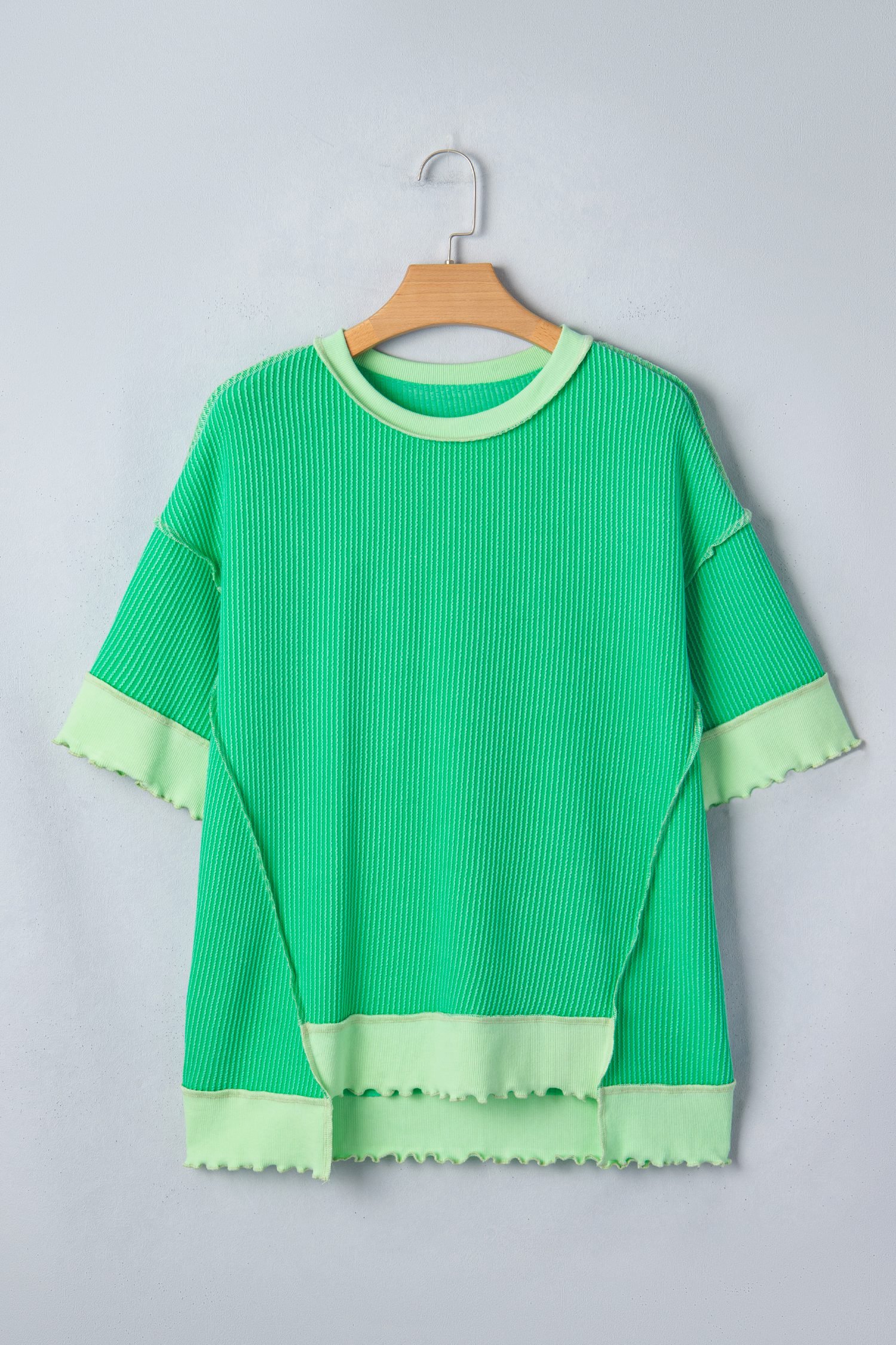 Mint Green Loose Uneven Hem Twist Ribbed T Shirt