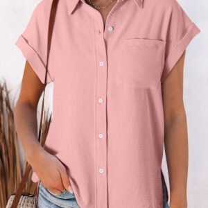 Pink Solid Color Cuffed Short Sleeve Shirt