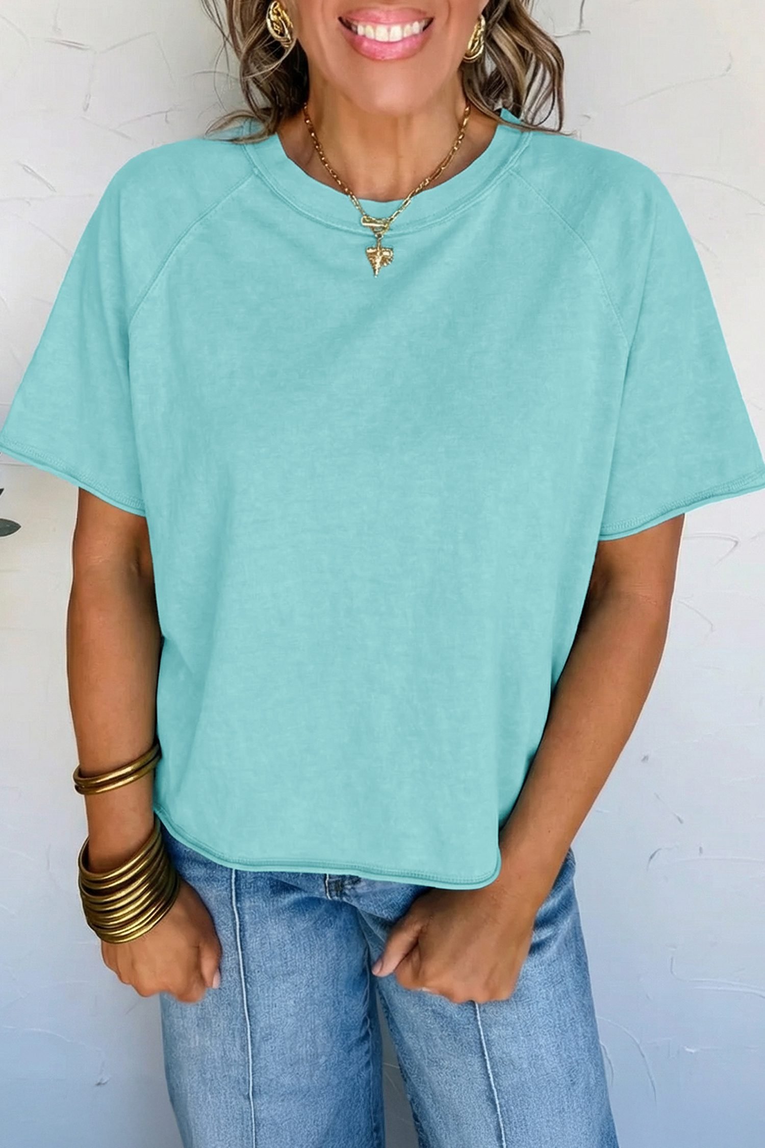 Mint Green Mineral Wash Raglan Sleeve Boxy Fit Cropped Tee