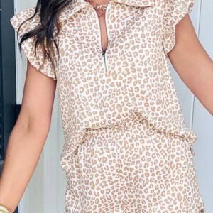 Beige Leopard Zip Polo Top 2pcs Short Set