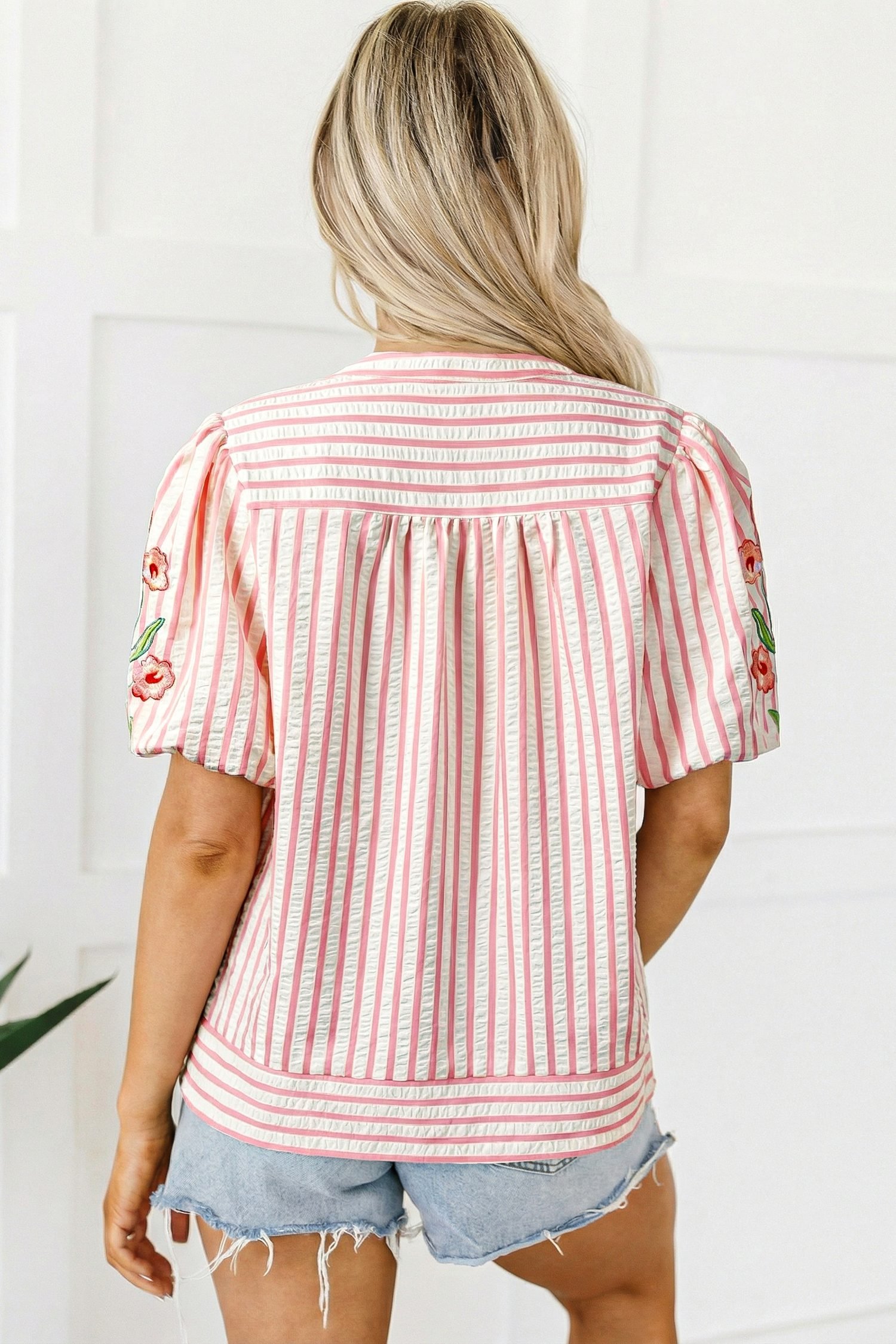 Pink Stripe Print Floral Embroidered Puff Sleeve V Neck Blouse