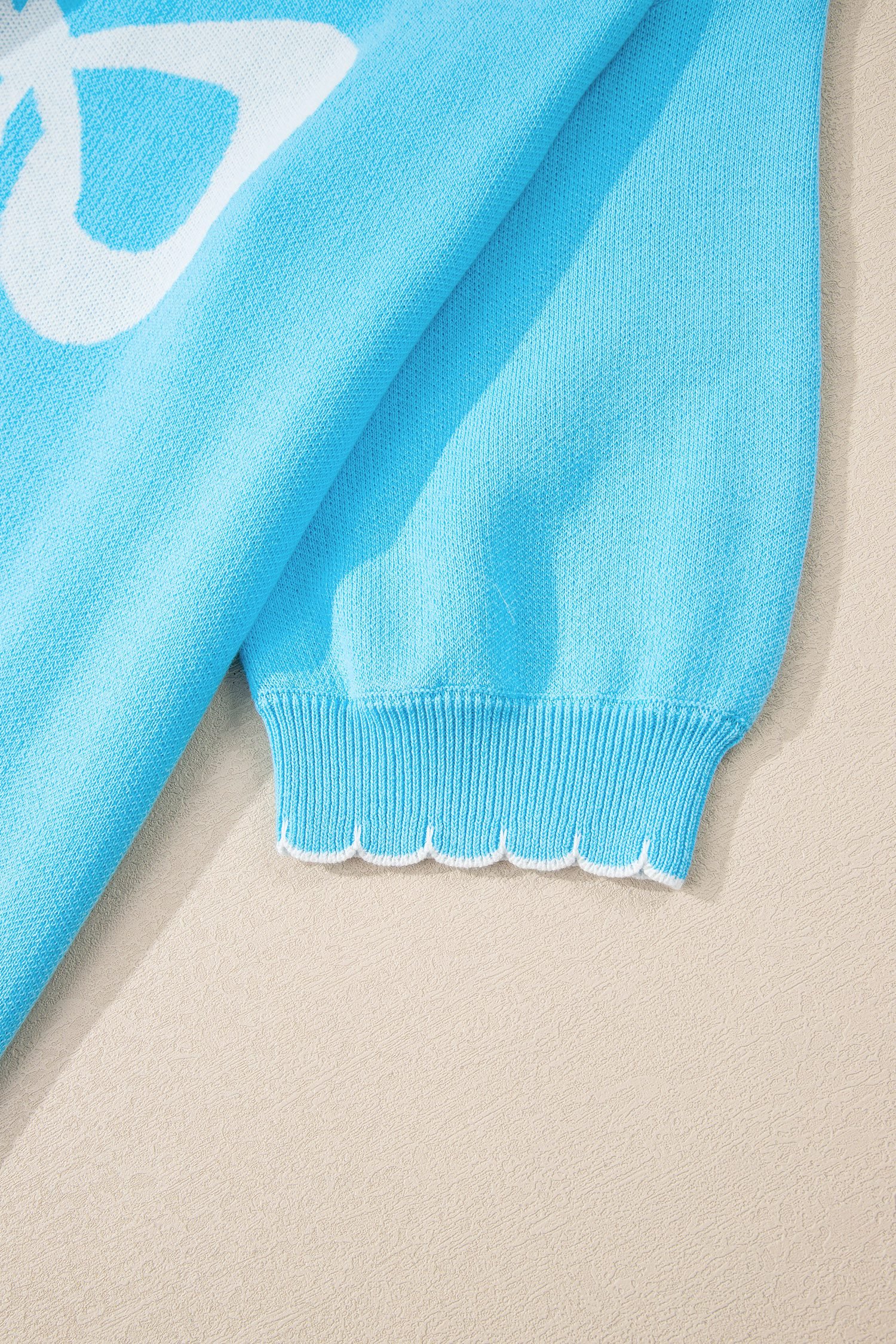 Light Blue Big Ribbon Bow Print Contrast Stitch Trim Drop Shoulder Sweater