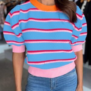 Sky Blue Stripe Colorblock Trim Half Sleeve Sweater Top