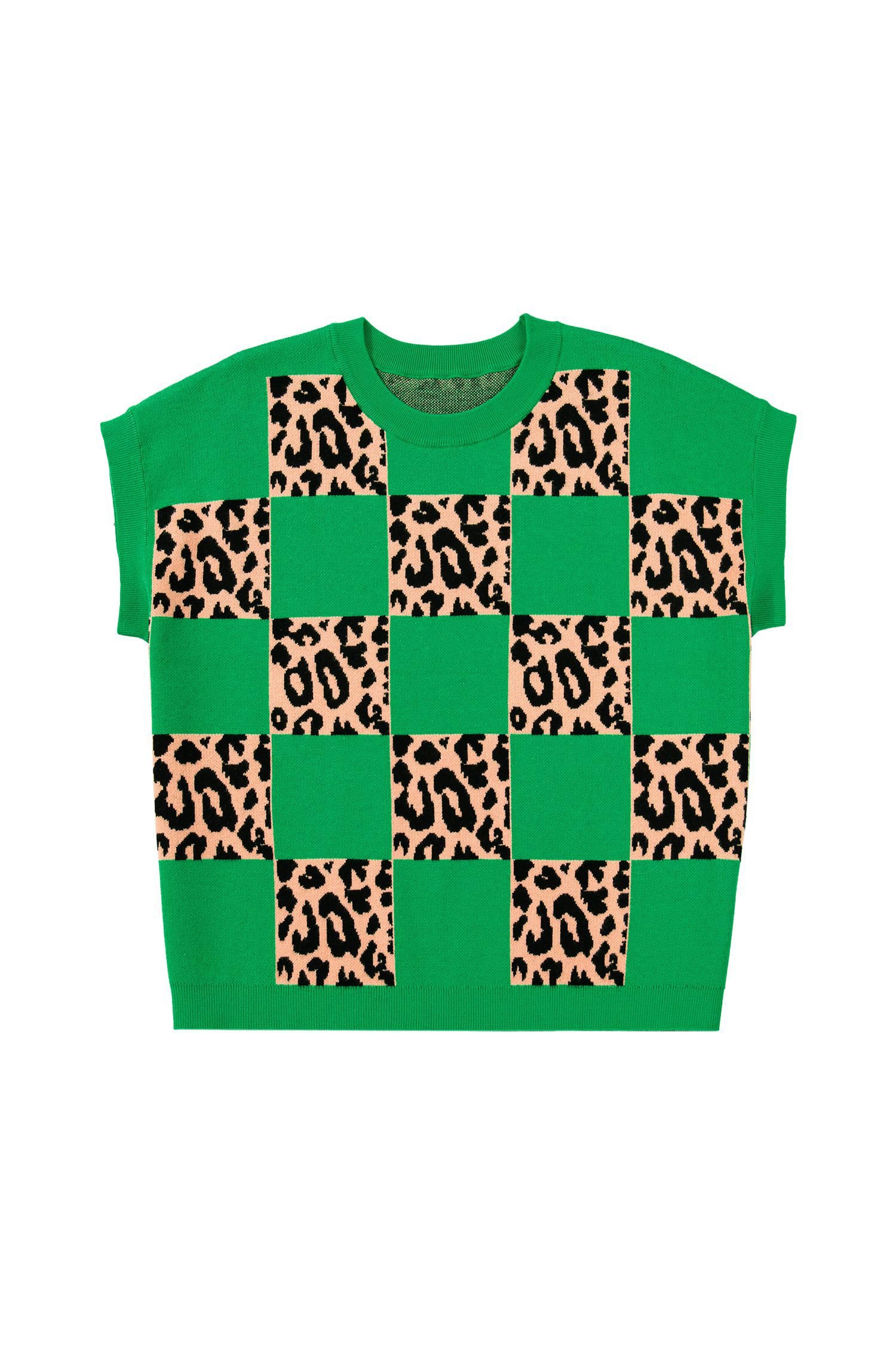 Green Plus Size Leopard Contrasted Checkered Short Sleeve Sweater