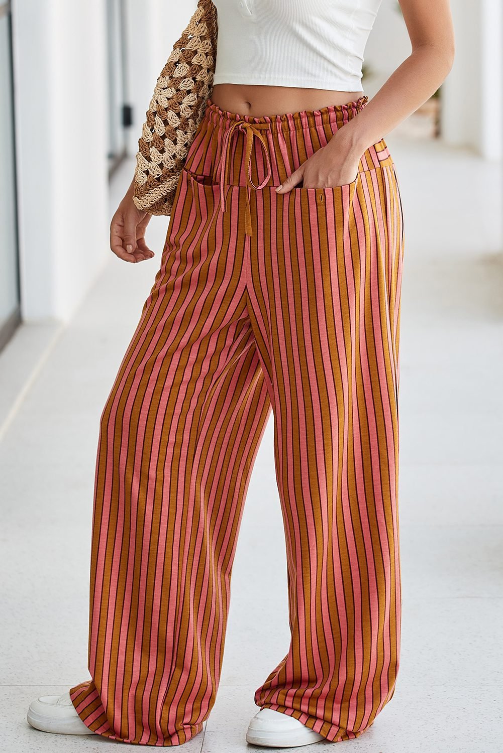 Red Stripe Button Pocket Tie Waist Casual Wide Leg Pants