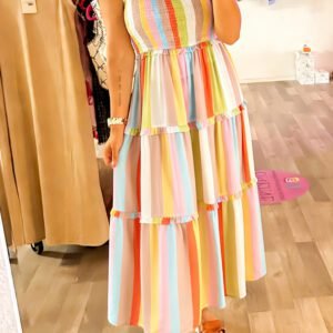 Green Striped Print Shirred Frilly Tiered Maxi Dress