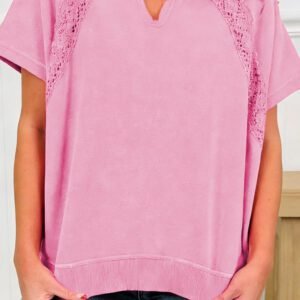 Pink Raw Cut Notched Neck Lace Patchwork Detail Mineral Wash Tee