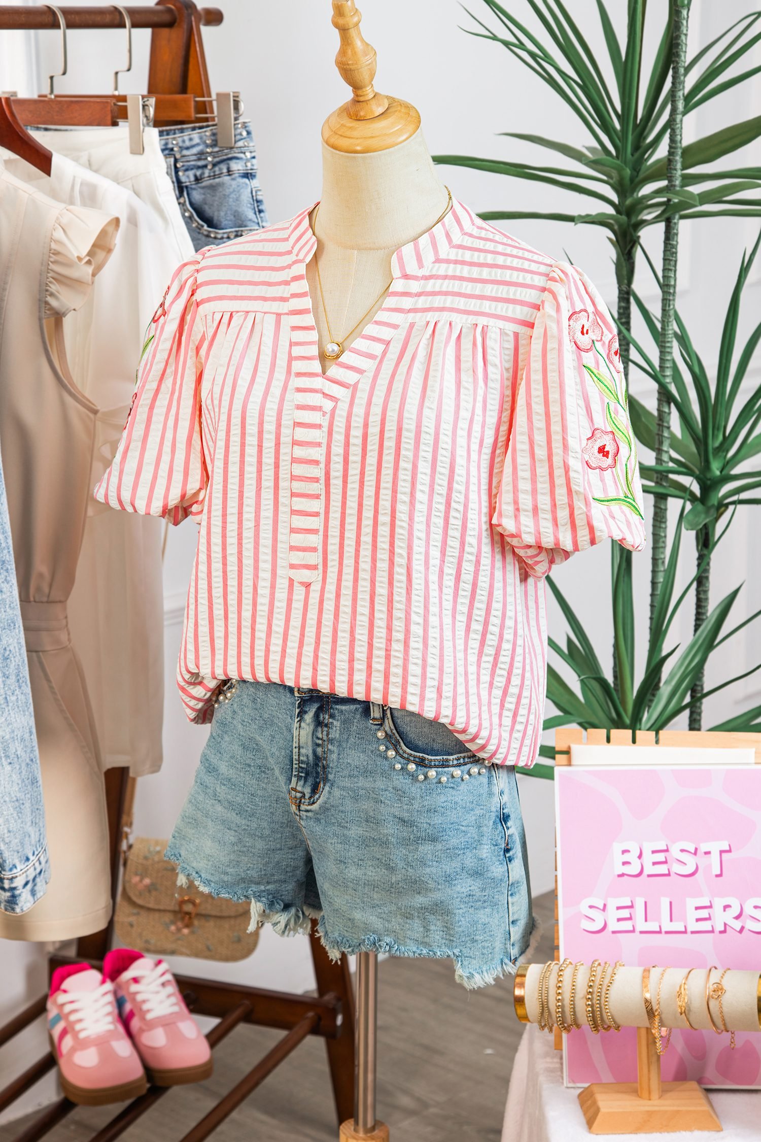 Pink Stripe Print Floral Embroidered Puff Sleeve V Neck Blouse