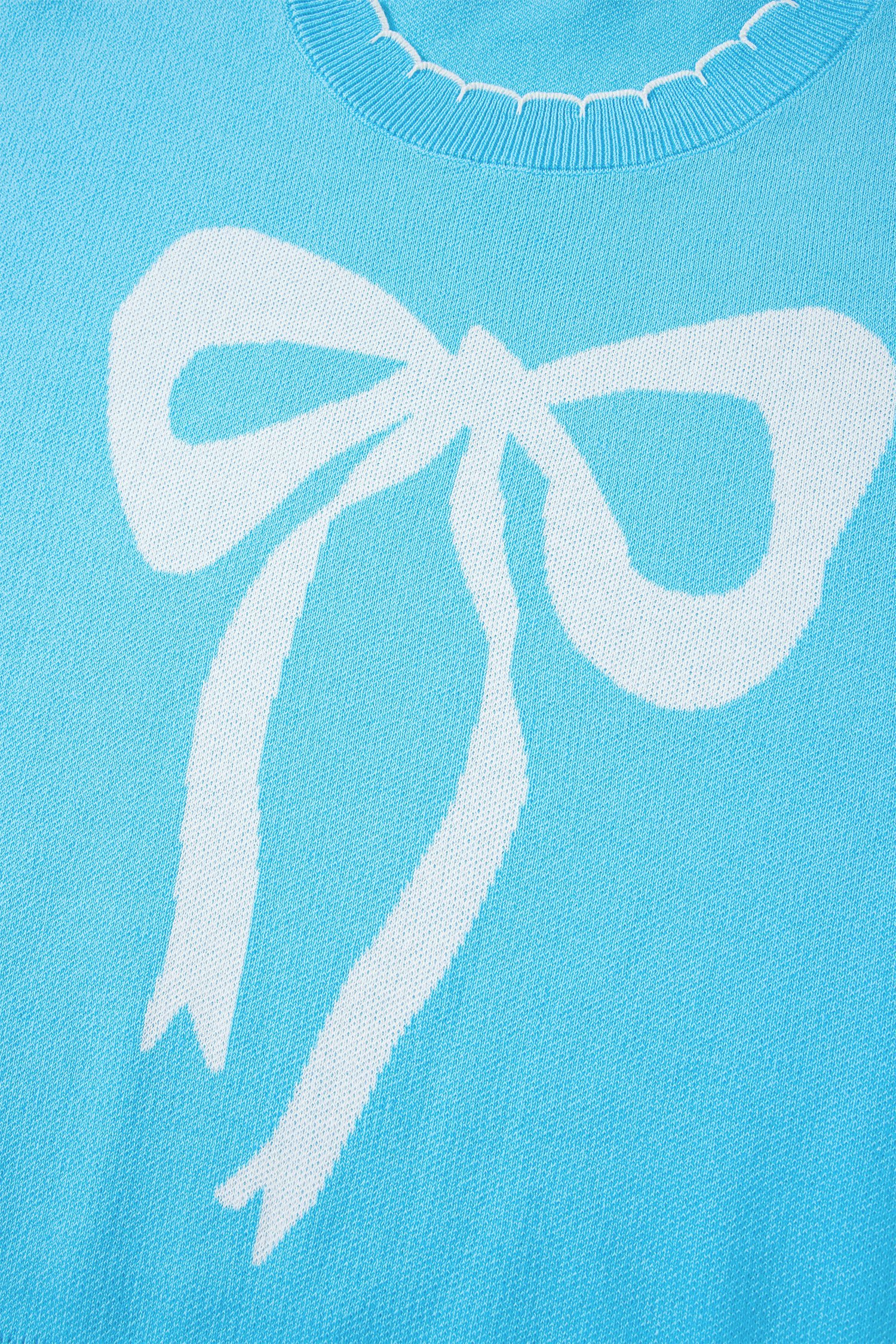 Light Blue Big Ribbon Bow Print Contrast Stitch Trim Drop Shoulder Sweater