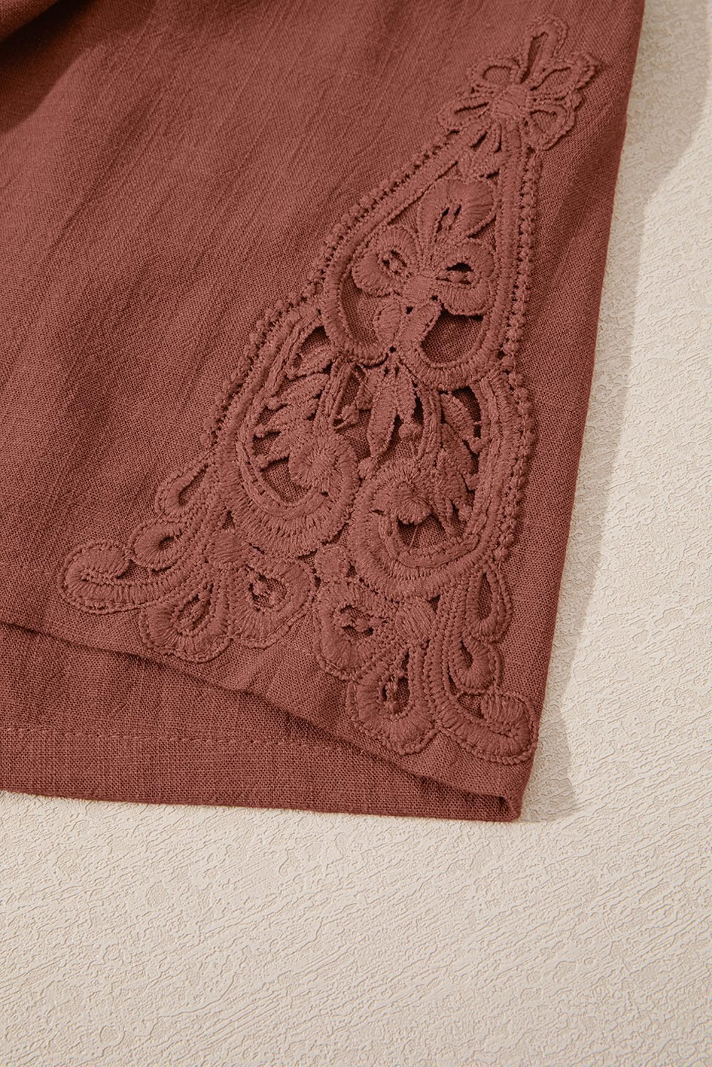 Chestnut Lace Splicing Drawstring Elastic Waist Loose Linen Shorts