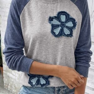 Dark Blue Color Block Flower Embroidered Patch Graphic Raglan Long Sleeve Top
