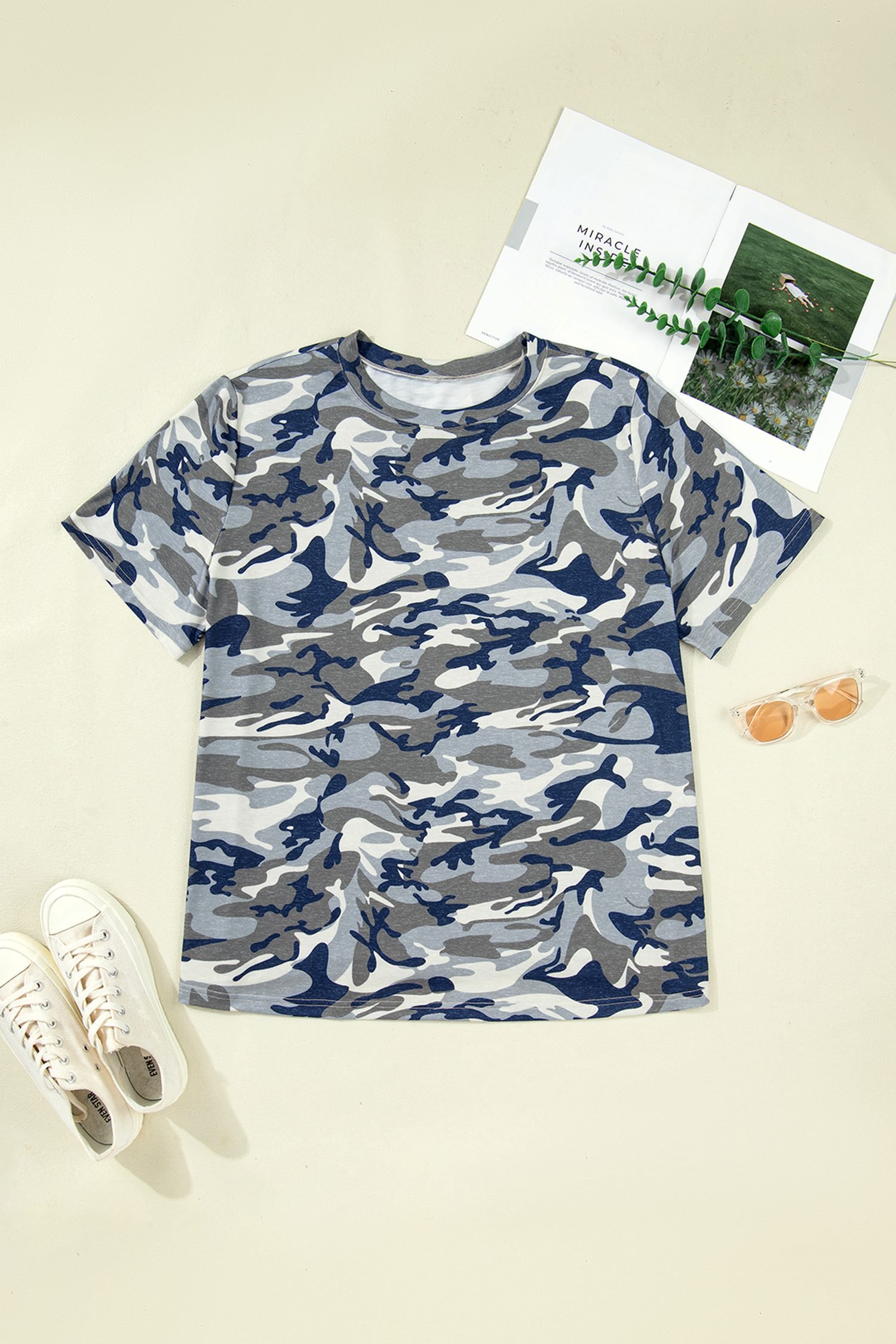 Green Plus Size Camo Print Crew Neck Short Sleeve Tee