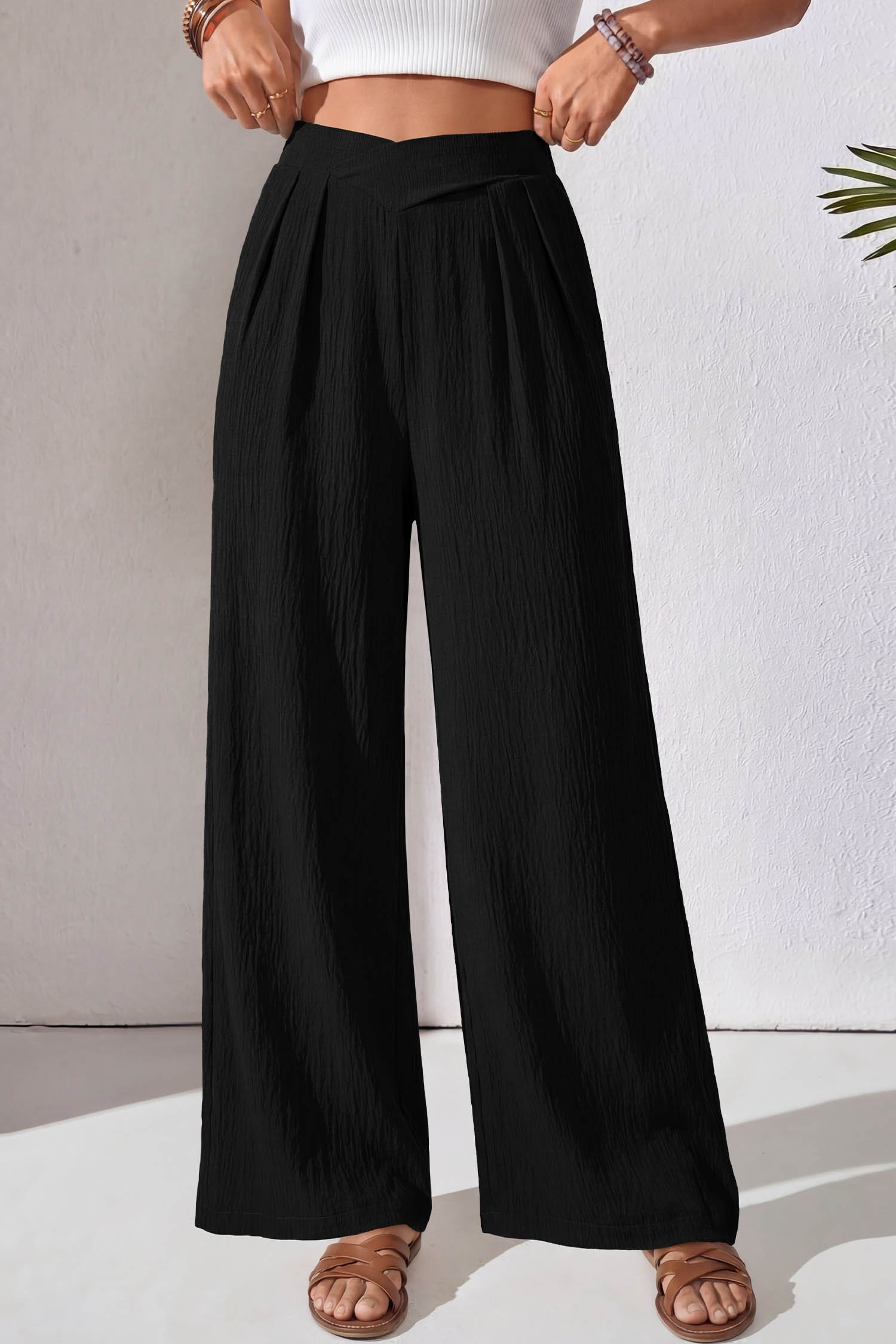 Color black Solid Color Textured Crossed Waist Loose Pants