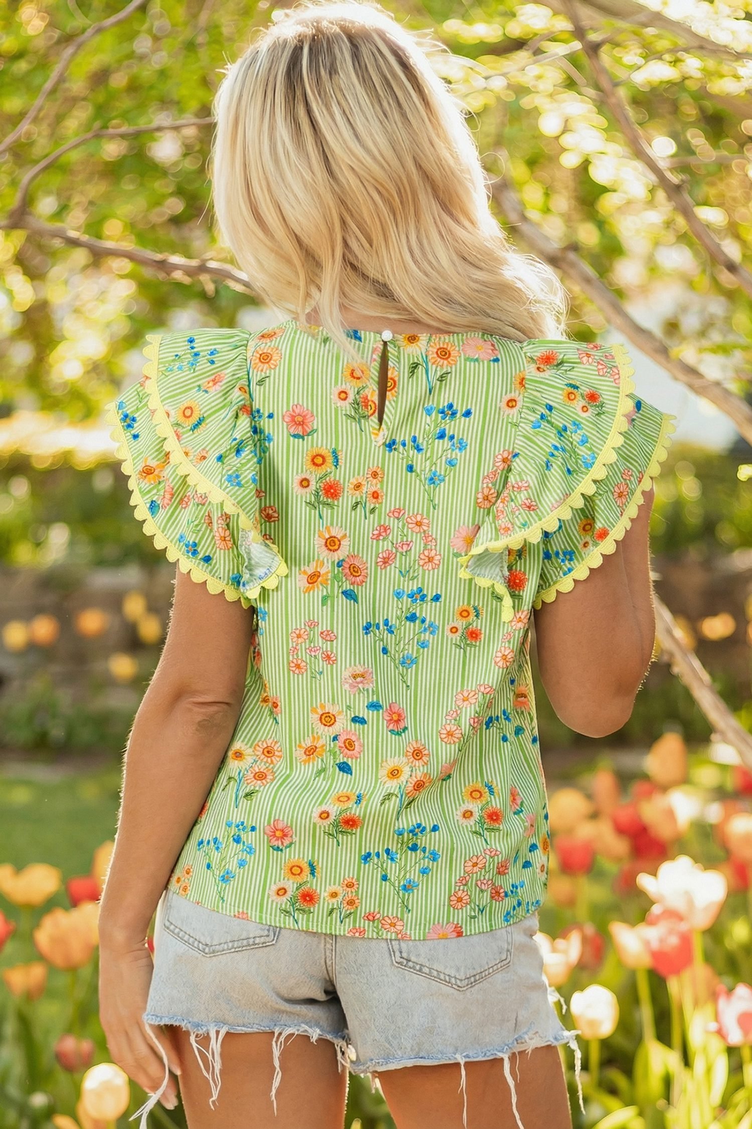 Green Stripe Floral Printed Scalloped Detail Ruffle Short Sleeve Blouse