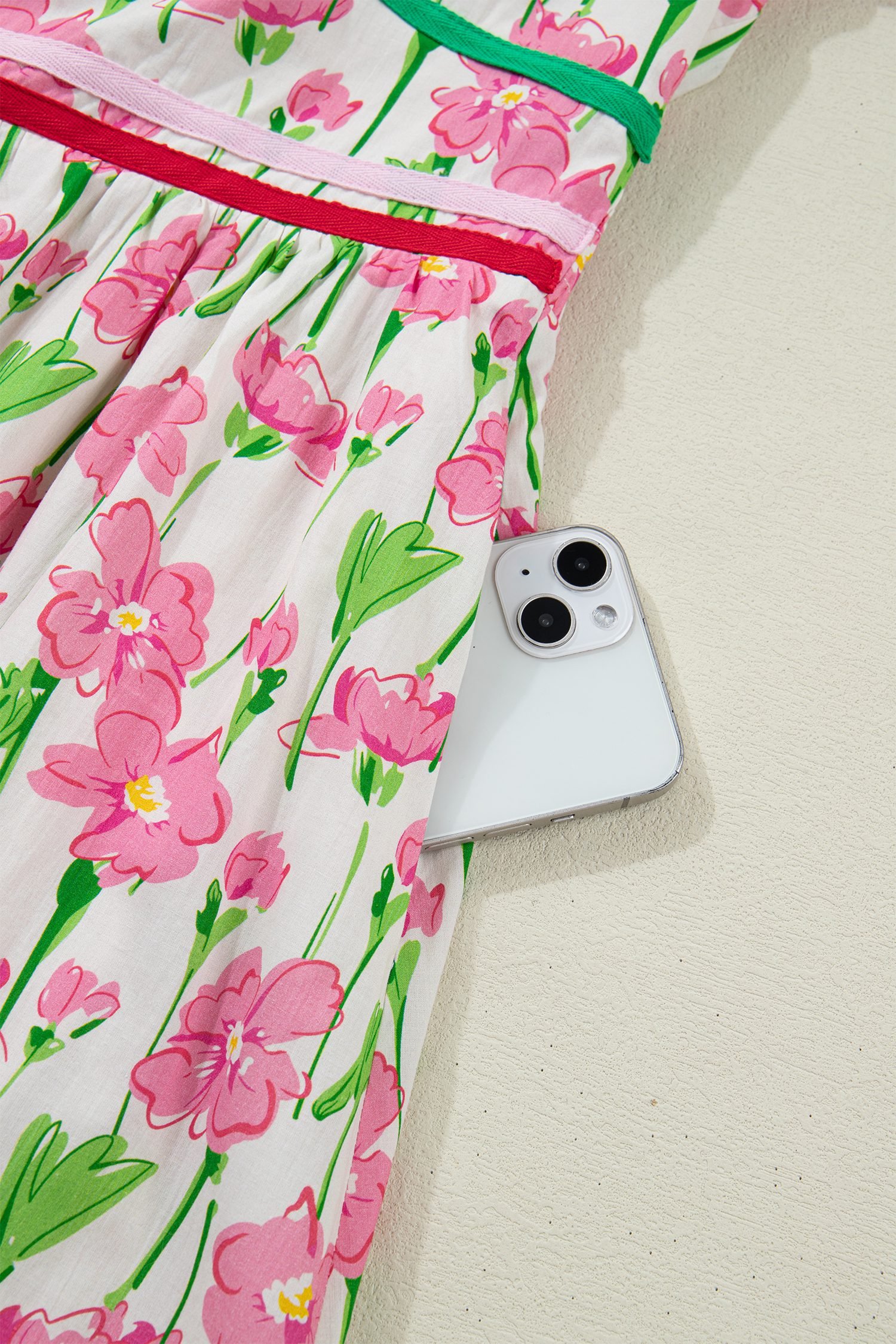 Pink Floral Print Contrast Trim V Neck Short Sleeve Elegant Midi Dress