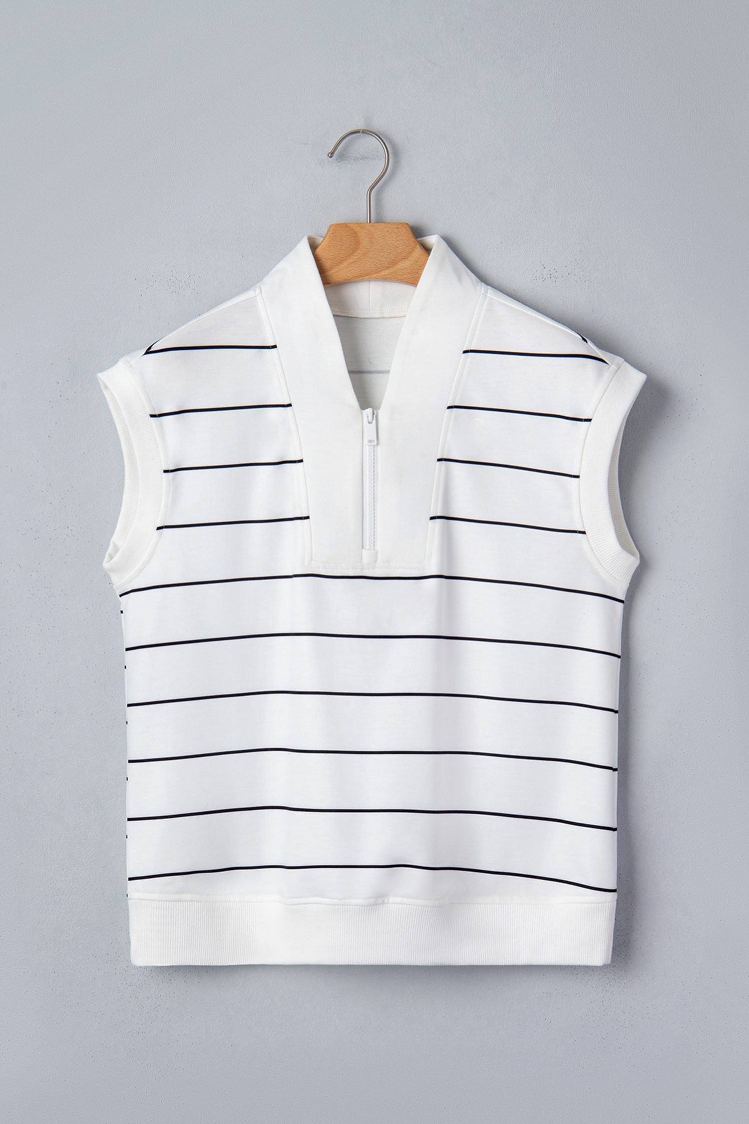 White Stripe Color Block Zip V Neck Sleeveless Top