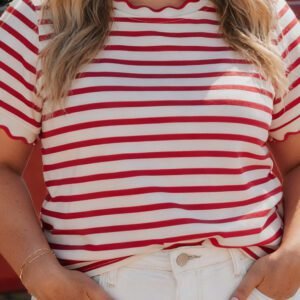 Red Stripe Plus Size Scalloped Trim Round Neck Short Sleeve Top