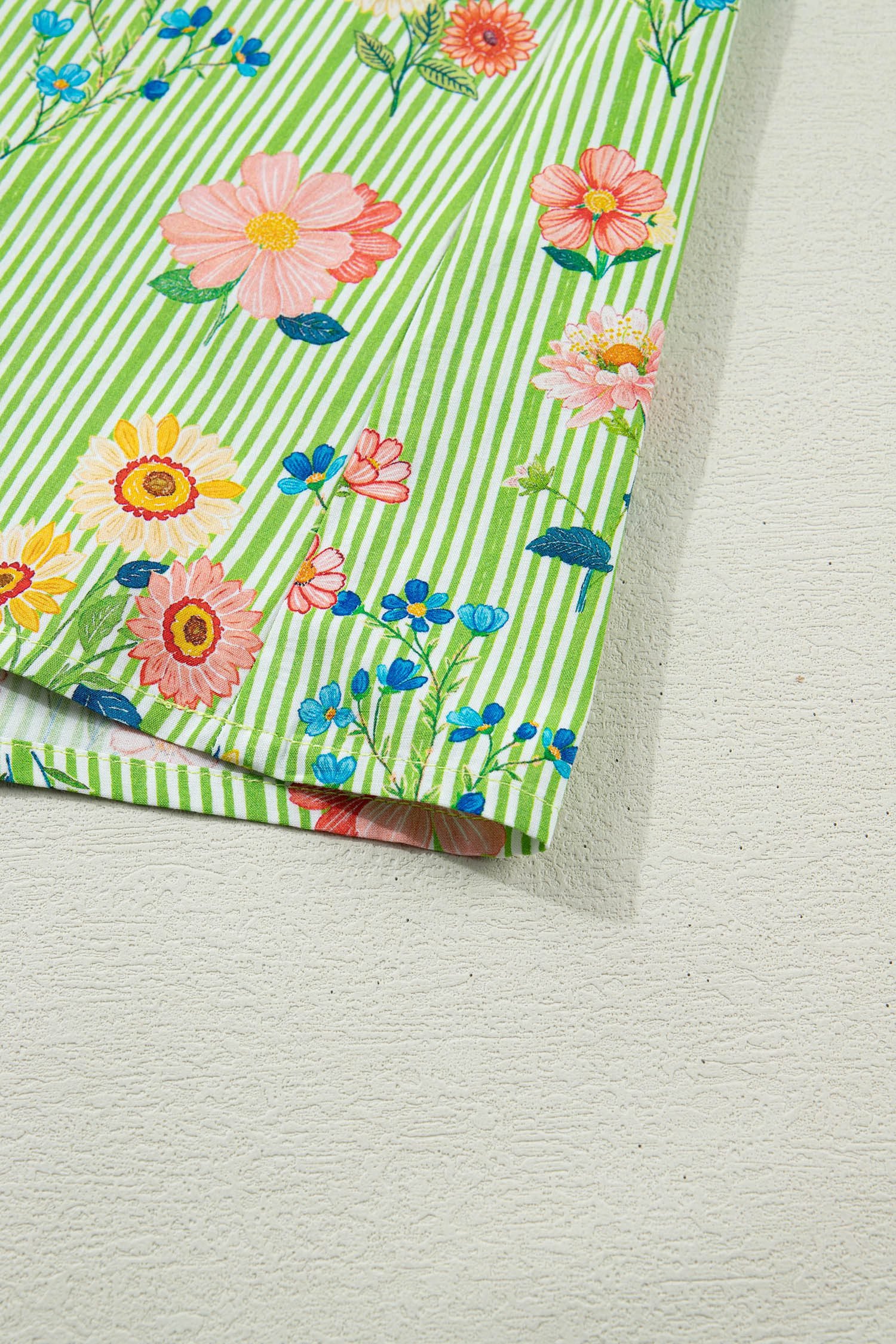 Green Stripe Floral Printed Scalloped Detail Ruffle Short Sleeve Blouse