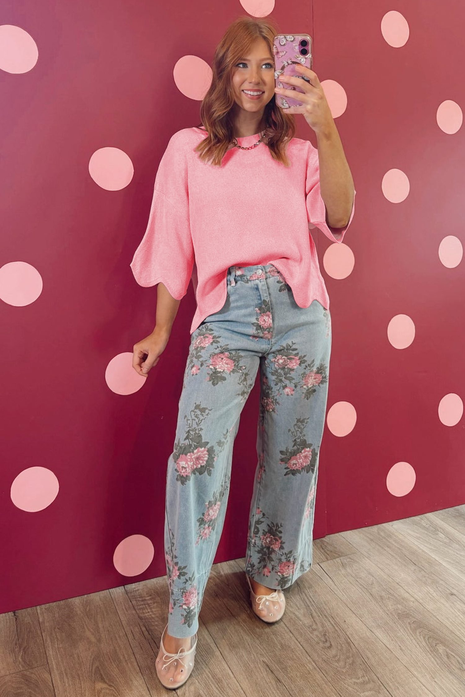 Pink Scalloped Hem 3/4 Sleeve Sweater Top