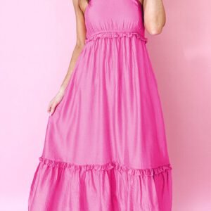 Bonbon Solid Color Ruffle Trim High Waist Sleeveless Maxi Dress